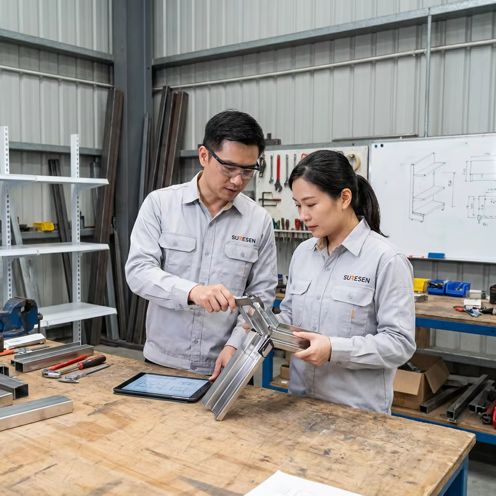 Professional team working on shelving design and manufacturing in a modern facility, showing precision tools and quality materials