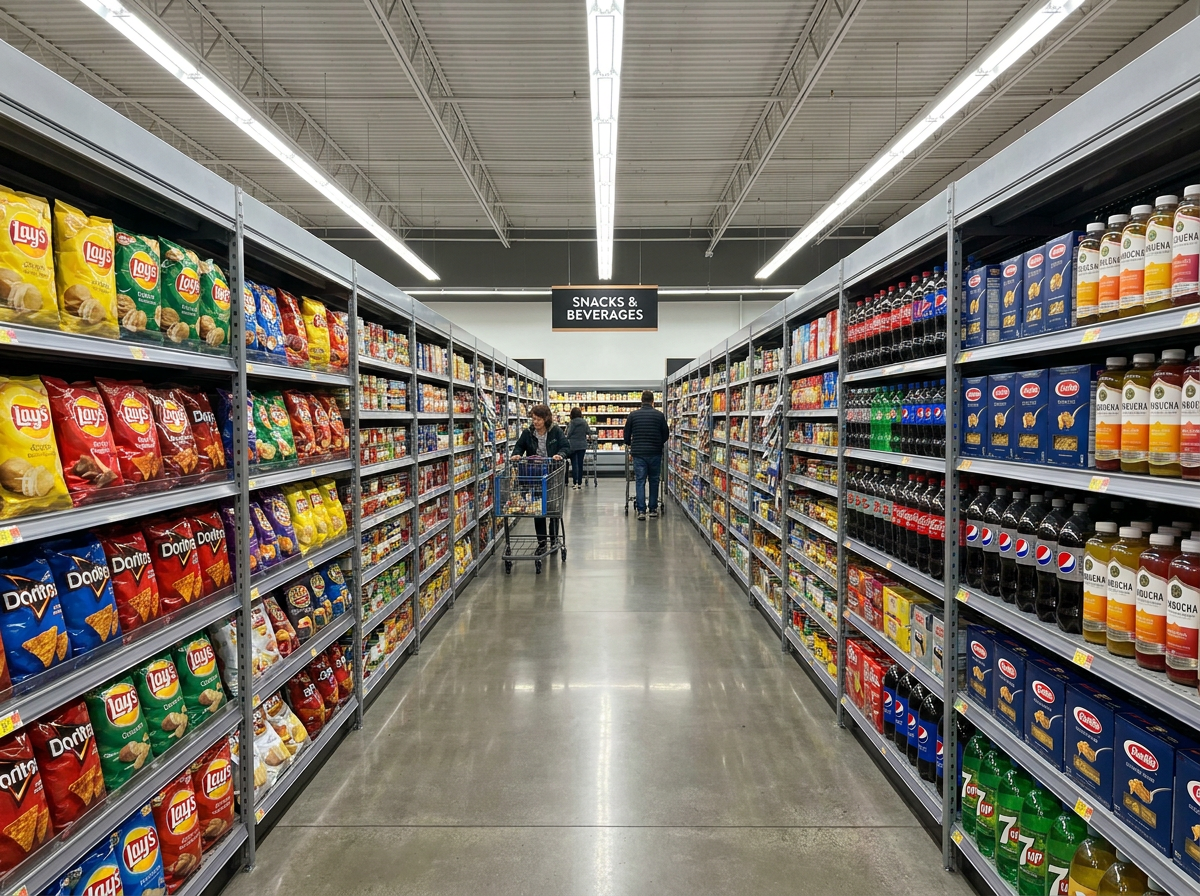 Modern gondola shelf unit with adjustable heights, metal construction, and multiple tiers for displaying various products in a retail setting